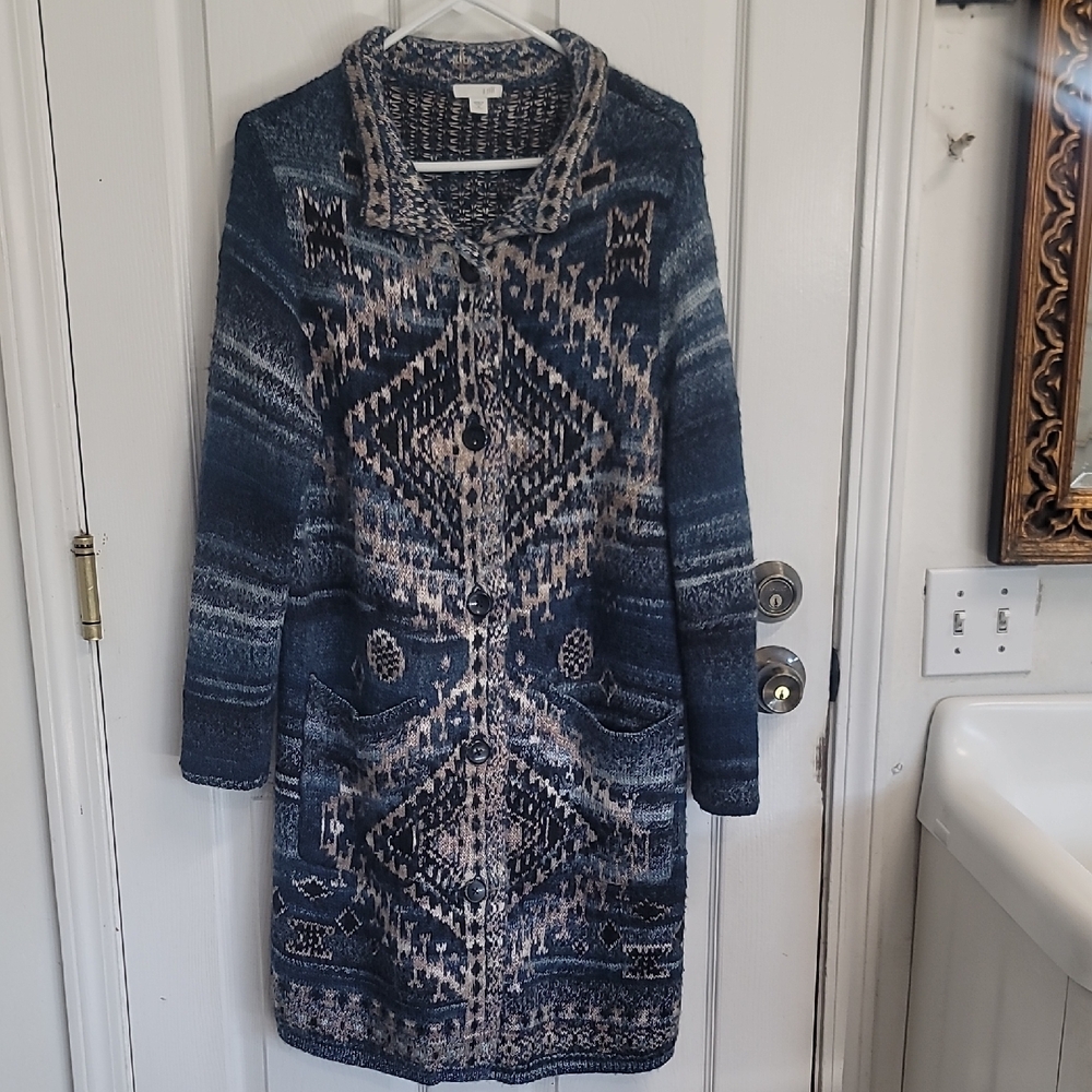 J. Jill Blue and Beige Geometric Long Cardigan Size M